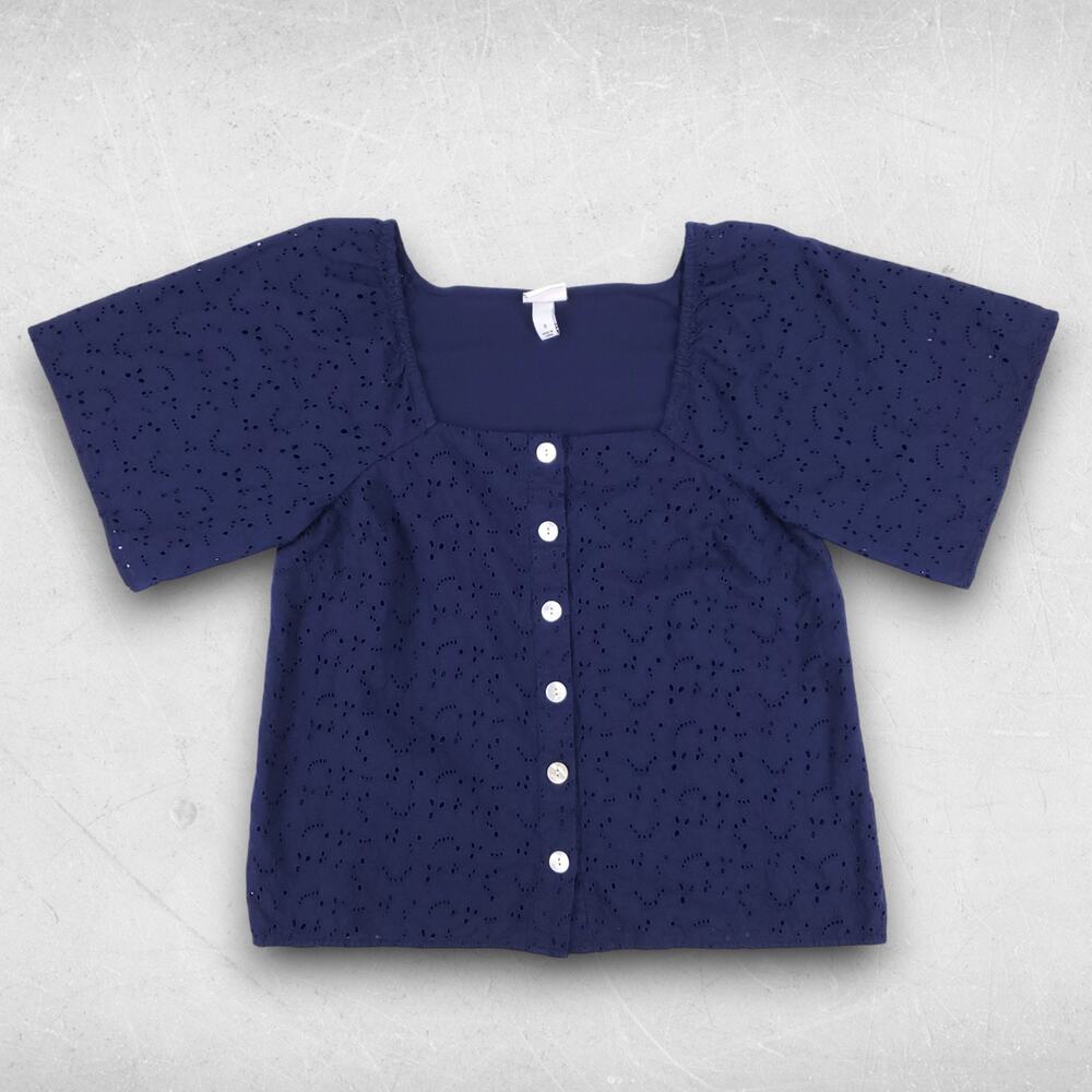 A New Day Eyelet Blouse Top Sz S Navy Button Down Short Sleeve Cottage Coquette